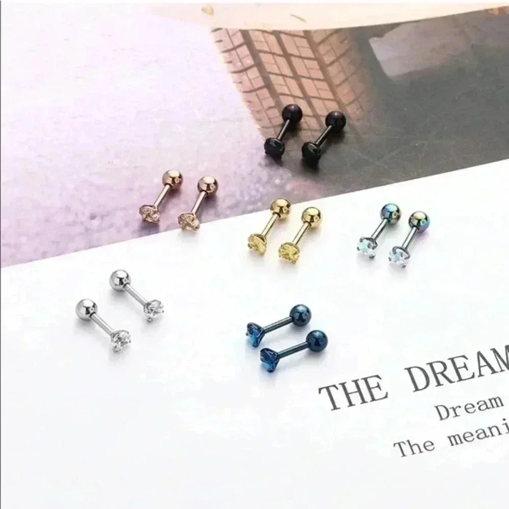 Unisex Steel Disc Back & Ball Back CZ Stud Earrings NWT